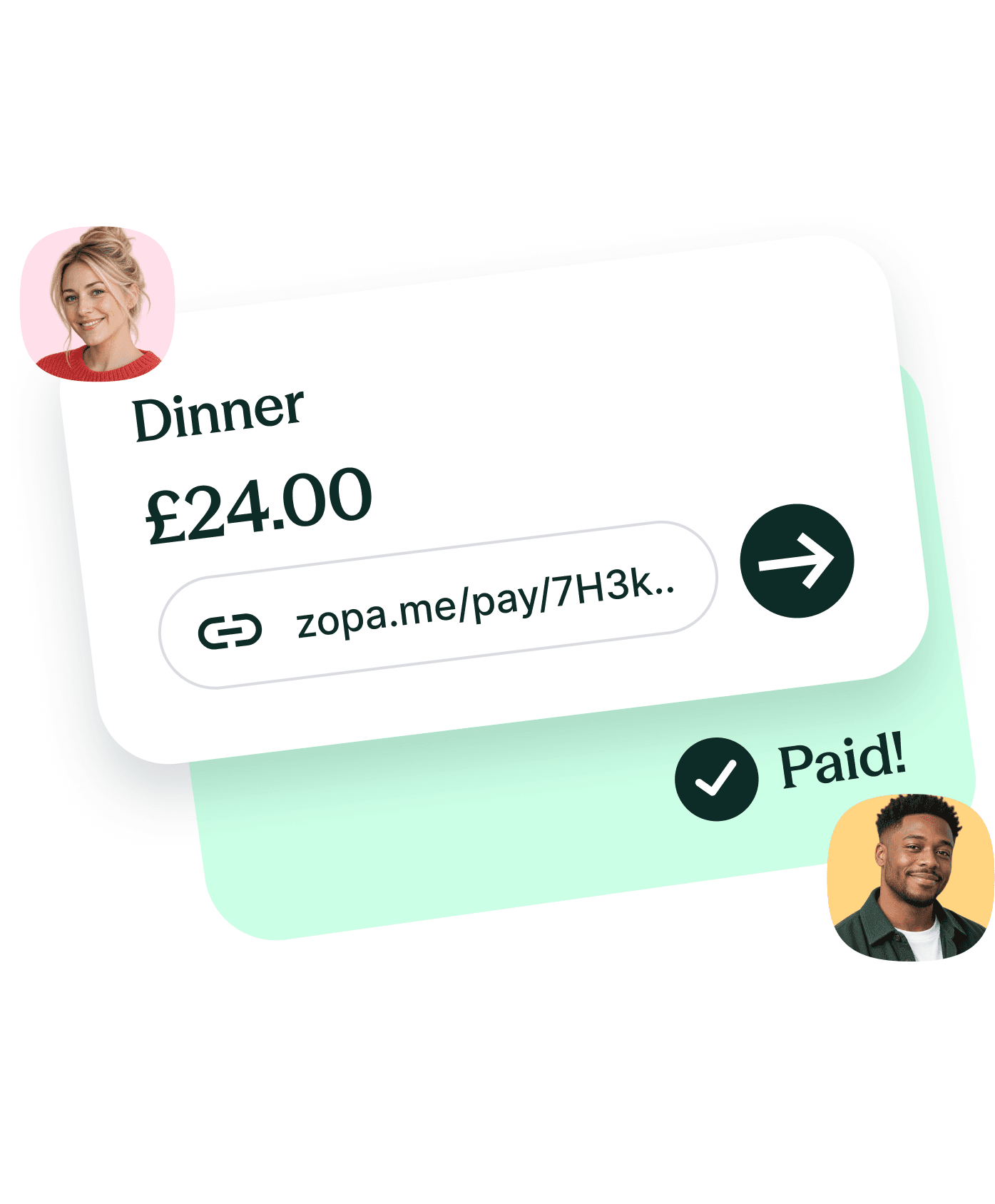 A £24.00 dinner payment request with a shareable link, marked as paid